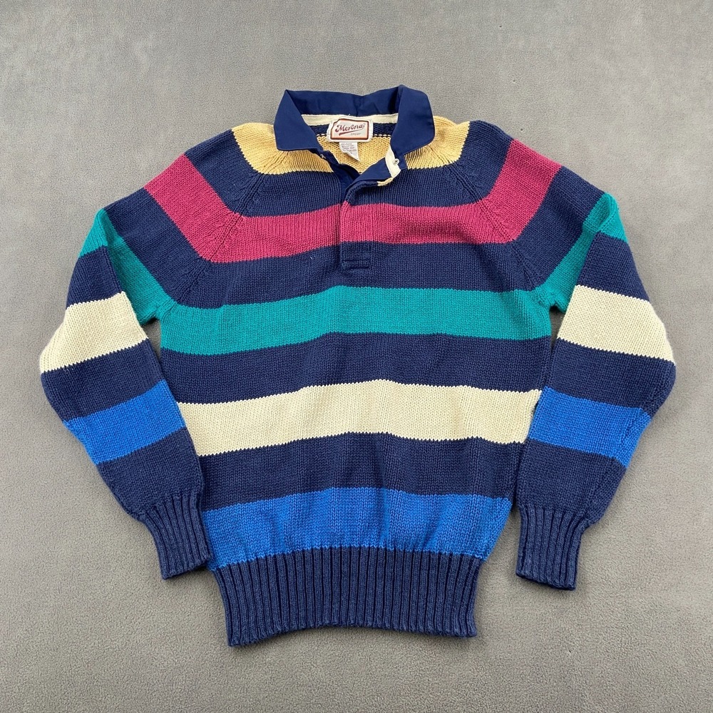 Vintage Merona Polo Sweater Sz M Preppy Multi Stripe Knit Raglan Sleeve Collared